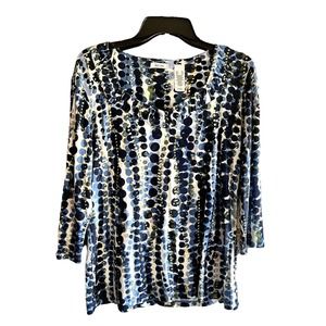 Liz & Company Women's 3/4 Sleeve 3 Button Geometric Collar Blouse Size XL Blue